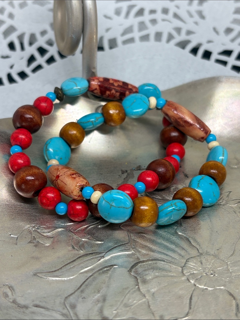 Handmade Red & Turquoise Howlite Bracelet Set with Natural Wood Beads